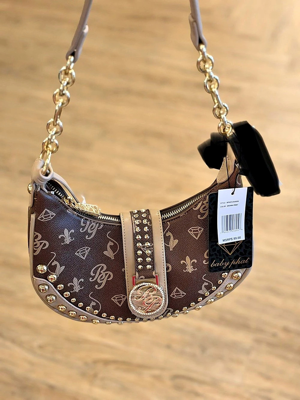 Baby Phat Shoulder Bag Gold Studded Monogram Chain Strap